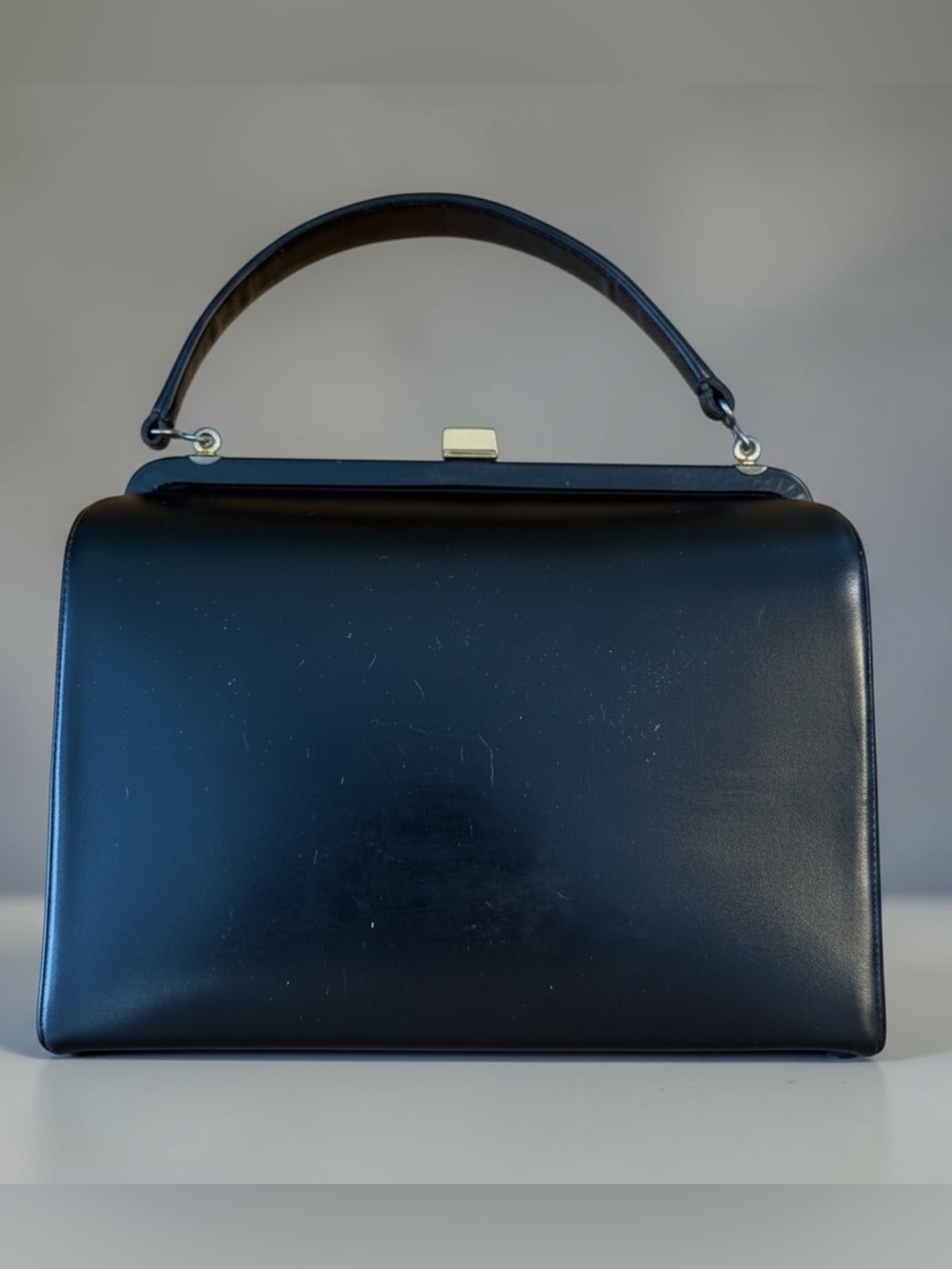 Vintage Black Leather Top Handle Bag Kelly Style Gold Clasp